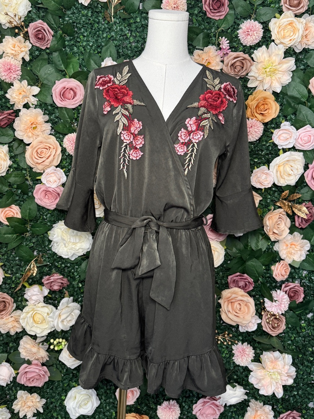 Olive Green Embroidered Wrap Romper